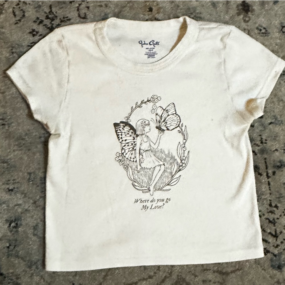 John Galt “where do you go my love?” Fairy Butterfly Graphic Crop Tee - one size